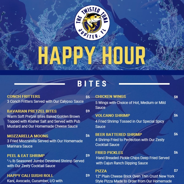 The Twisted Tuna Happy Hour Menu