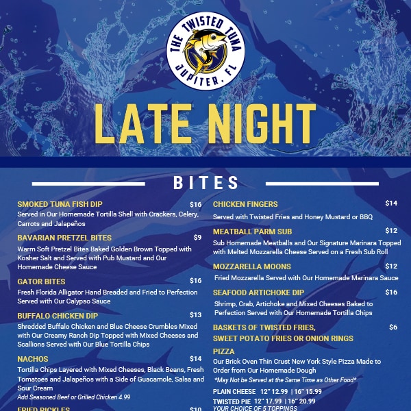 The Twisted Tuna Late Night Menu